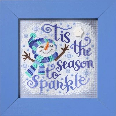 Mill Hill Sparkle unassembled cross-stitch kit featuring a festive winter snowman motif with radiant glass beads and a special JABC button.