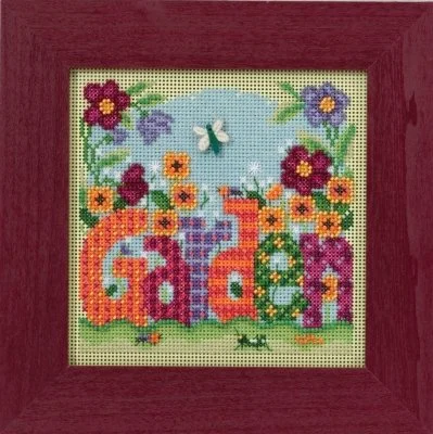 Mill Hill Garden Beaded Cross Stitch Kit MH14-1616 featuring a vibrant spring garden scene with a ceramic button accent.