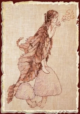Nimue Fairy Coprins cross-stitch pattern designed by Annaïck Chauvel featuring a whimsical fairy resting among ink cap mushrooms.