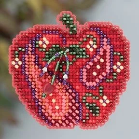 Mill Hill Jeweled Apple Beaded Cross Stitch Kit MH18-3202 featuring a shimmering, fully beaded red apple with leaf accents.