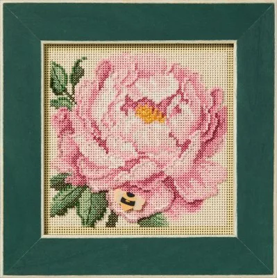 Mill Hill Peony Beaded Cross Stitch Kit MH14-2511 featuring a fully bloomed pink peony and a bumble bee button.