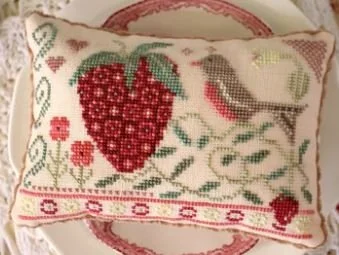 October House Fiber Arts Strawberry Faire cross stitch pattern CTH1246 featuring a sweet robin and a bright giant strawberry.