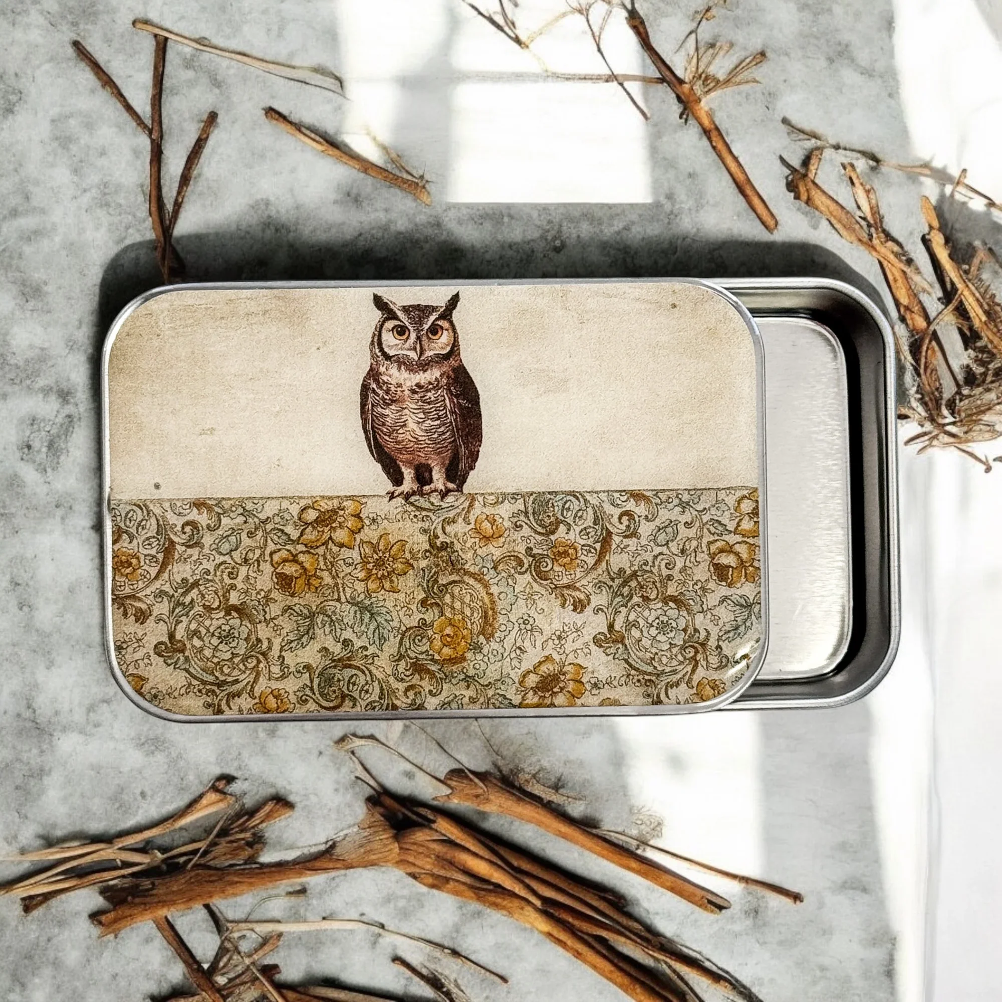 Owl Notions Tin by Firefly Notes featuring a whimsical vintage woodland owl illustration on a high-quality resin-topped sliding metal tin.