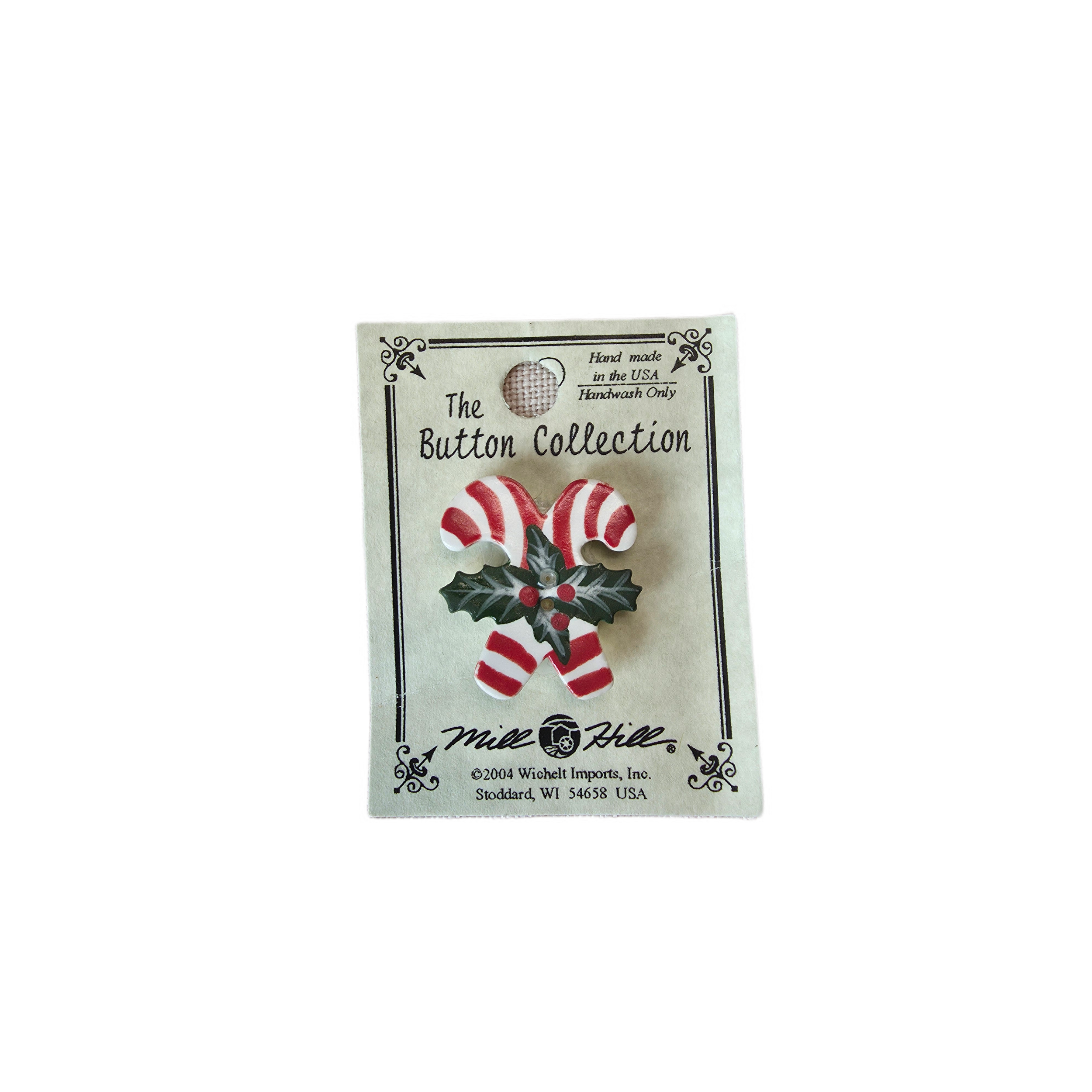 Mill Hill Double Holly Candy Canes hand-painted ceramic button featuring crossed red and white candy canes with green holly leaves.