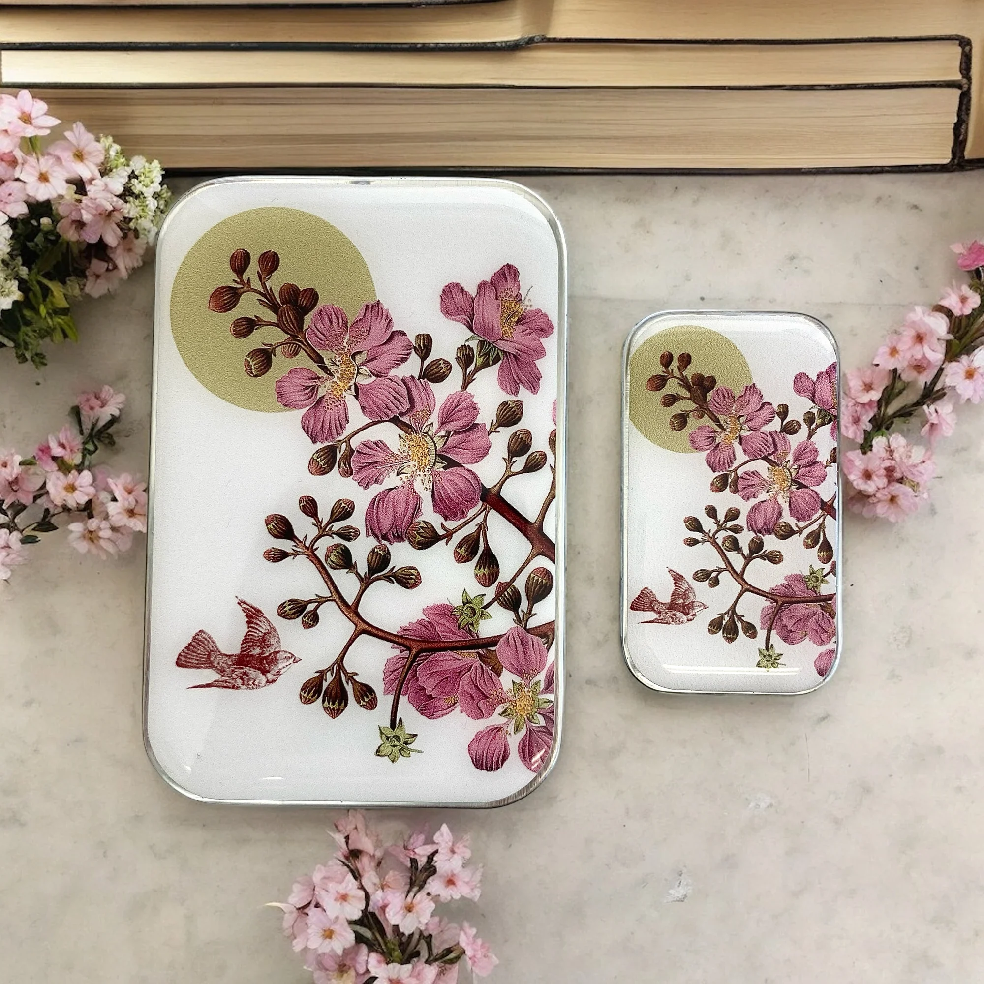 Cherry Blossom and Swallow Notions Tin by Firefly Notes featuring a delicate floral design and a graceful bird on a handcrafted resin-topped sliding tin. (Copy)