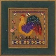 Mill Hill Spring Rooster Beaded Cross Stitch Kit MHCB158 featuring a colorful rooster and button embellishment.