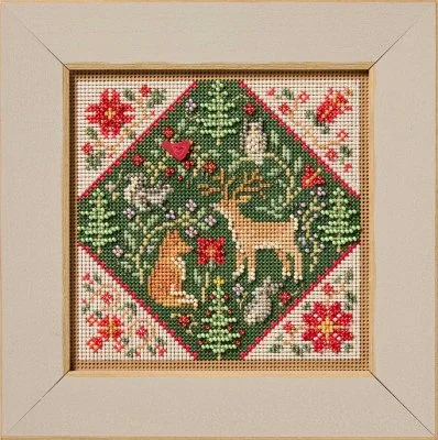 Mill Hill Forest Folk Art unassembled cross-stitch kit featuring a geometric winter nature motif with radiant glass beads and a red JABC cardinal button.