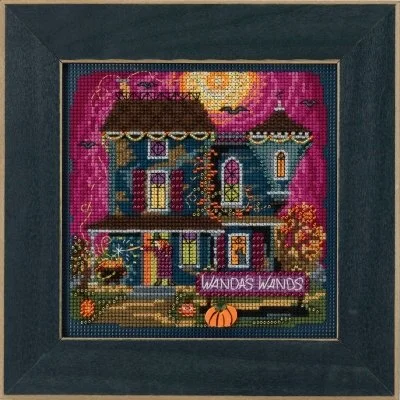 Mill Hill Wanda's Wands Beaded Cross Stitch Kit MH14-1822 featuring a magical Halloween scene and a decorative pumpkin button.