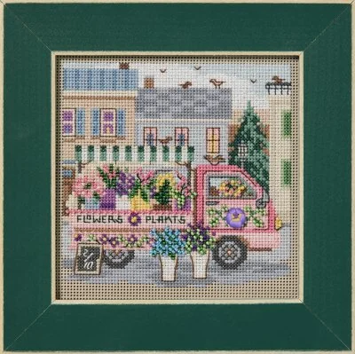 Mill Hill Flower Truck Beaded Cross Stitch Kit MH14-2614 featuring a vintage pink truck and JABC button.