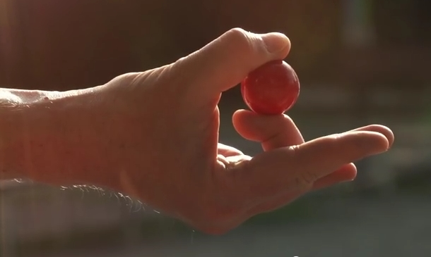 A hand holding a red ball against a blurred background.