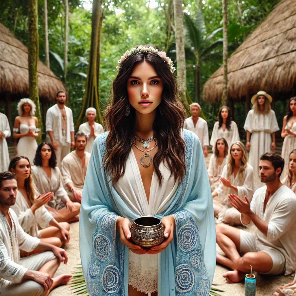 Young woman with long brown hair and a flower crown, holding a ayahuasca cup, in a lush green forest in Tulum Beach, Mexico, surrounded by people in white, some sitting and some standing, participating in an outdoor ayahuasca ceremony.