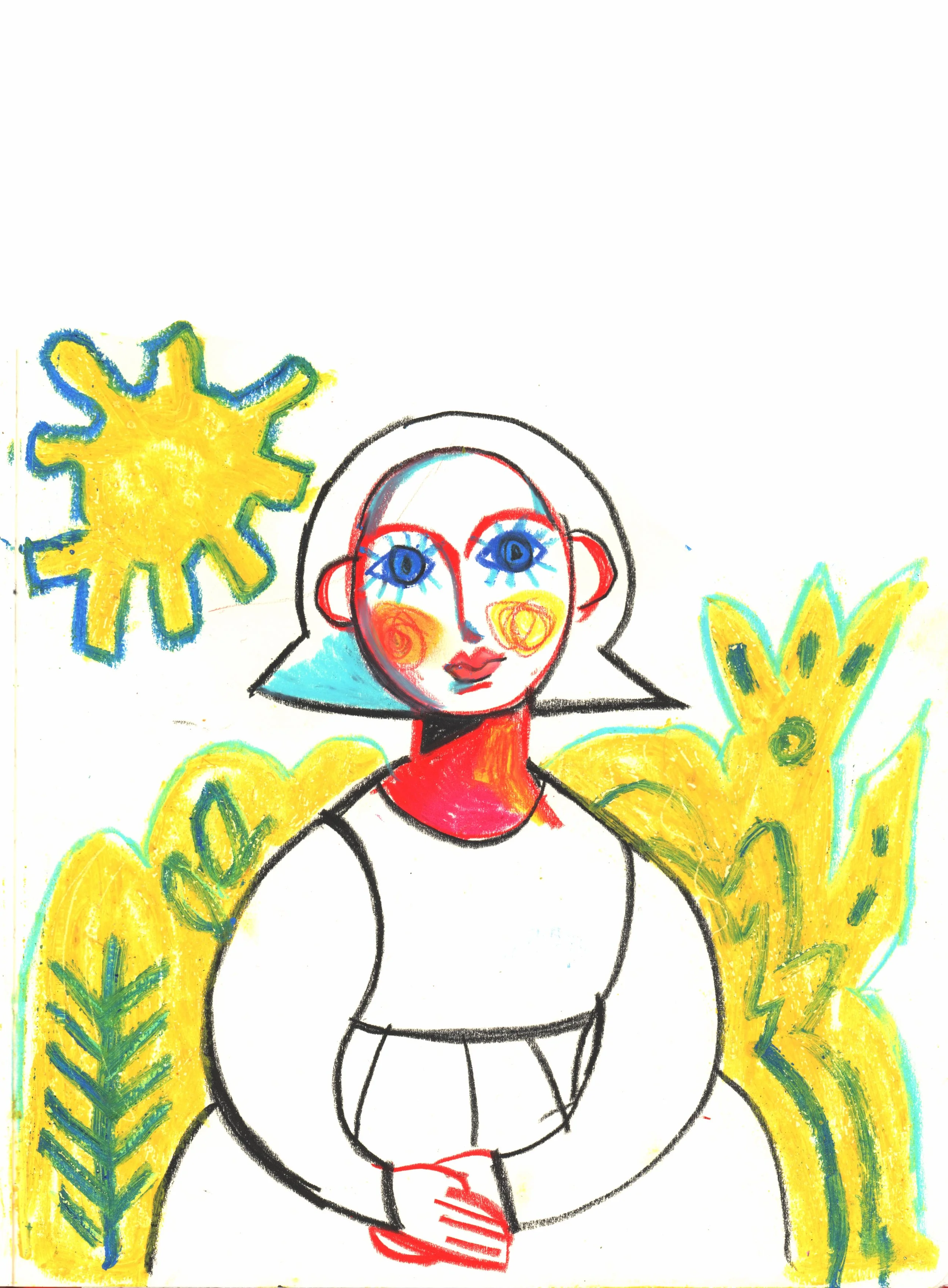 girl drawn with wax crayons and oil pastels