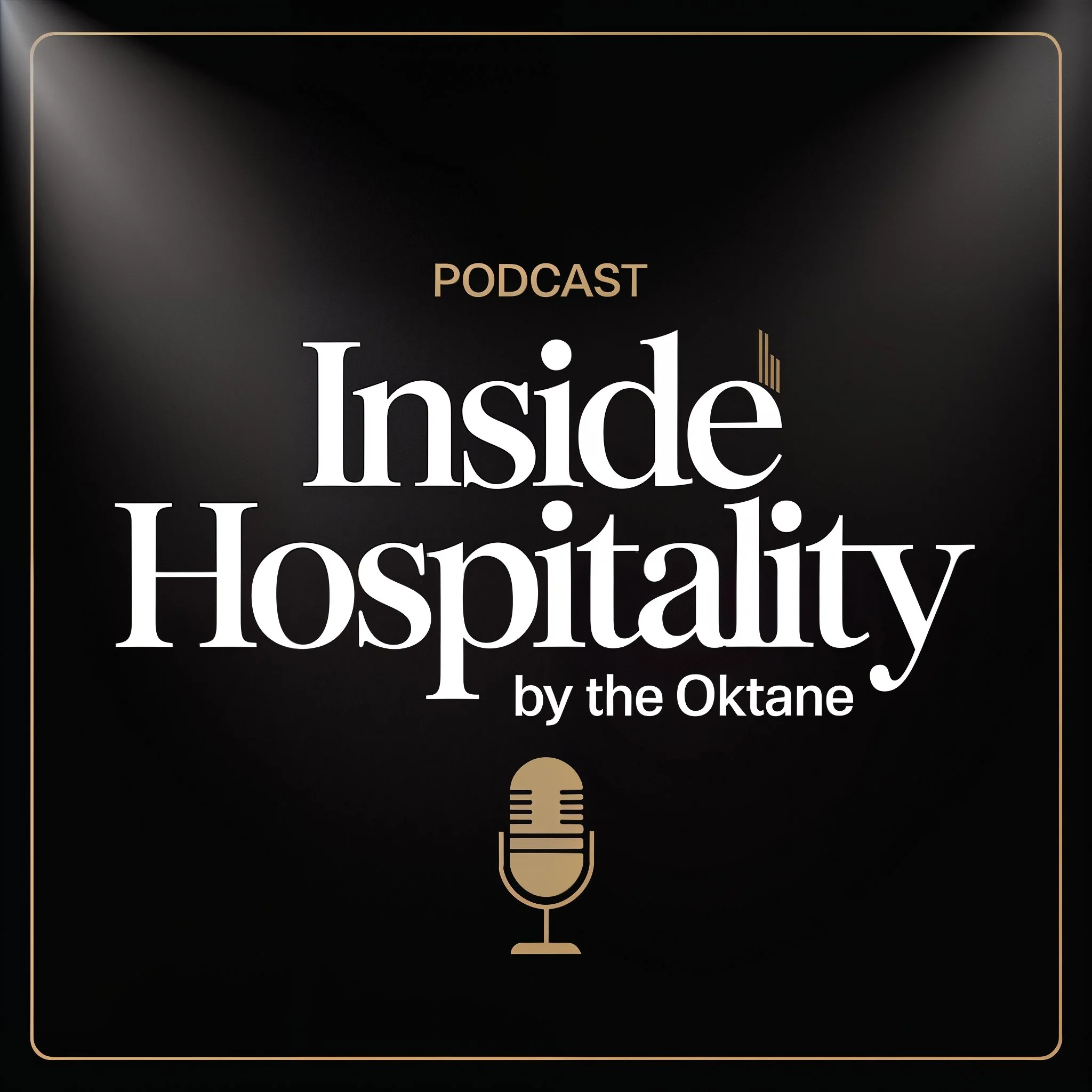 A dark background with a gold border, featuring the words 'PODCAST inside' and 'by the Oktane' in gold and white text, with an illustration of a microphone.
