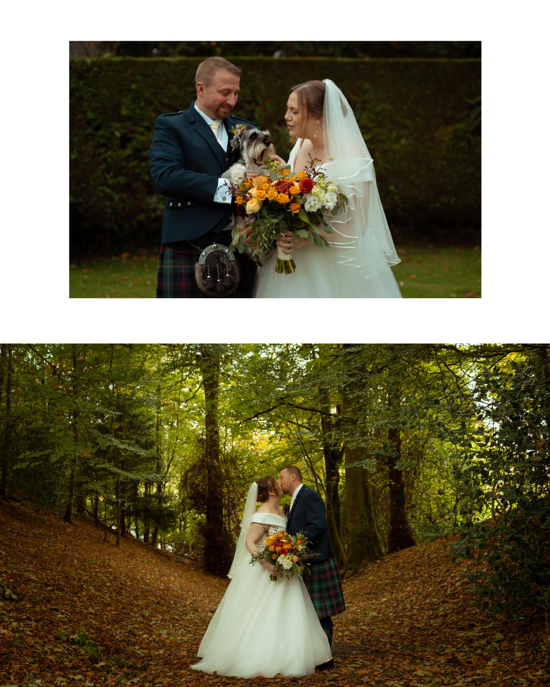 A couple in a leafy forest with their beloved dog