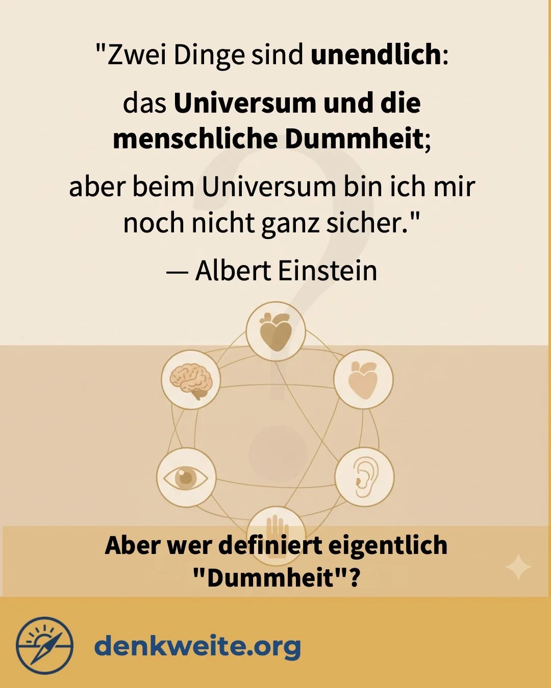 Ein Zitat, das oft geteilt wird - aber stammt es wirklich von Einstein? 💭

Die Quellenlage ist unsicher. Erstmals dokumentiert ist es 1947, ohne klaren Beleg.

Interessant finde ich: Warum sprechen uns solche Zitate so an?

Beim Nachdenken f&auml;ll