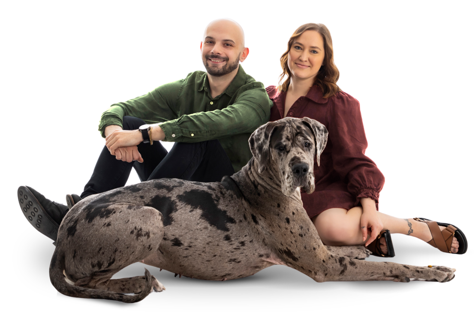 A man and woman sitting next to a large Great Dane dog, with the dog lying down in front of them. The man is wearing a green shirt and black pants, and the woman is wearing a red dress. They are both smiling.