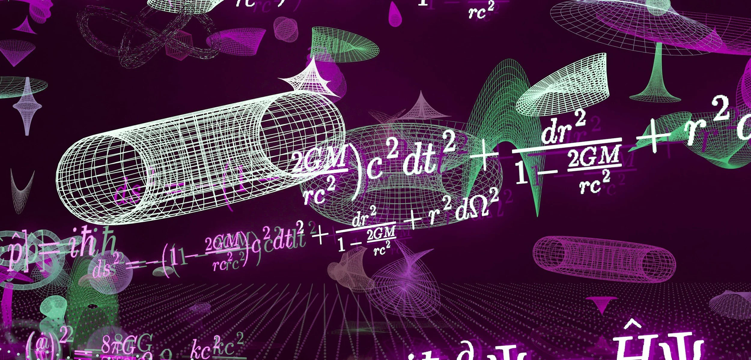 Färgglada 3D-grafik av matematiska och fysikaliska ekvationer samt geometriska former på en mörk bakgrund.