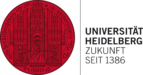 Logotyp för Heidelberg universitet, med text på tyska, inklusive årtal 1386, och med en röd och svart färgschema.