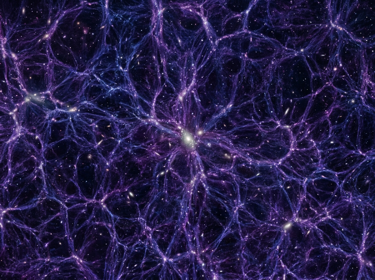Färgglad digital konst som visar ett nät av ljusstrålar i lila och blå nyanser, som liknar ett stjärnsystem eller kosmiskt nät.