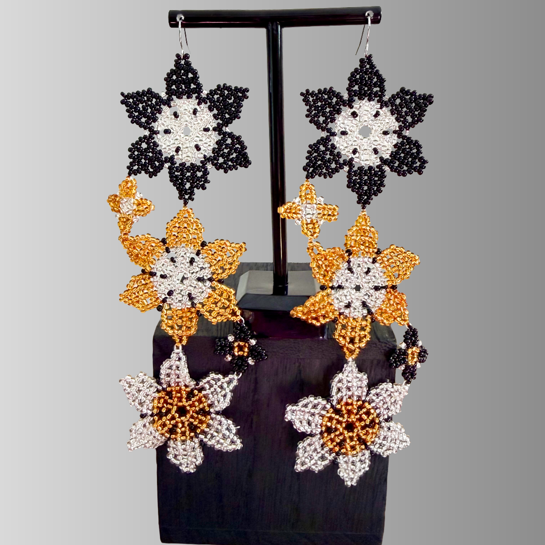 Midnight Bloom Beaded Floral Collage Earrings Variation 2