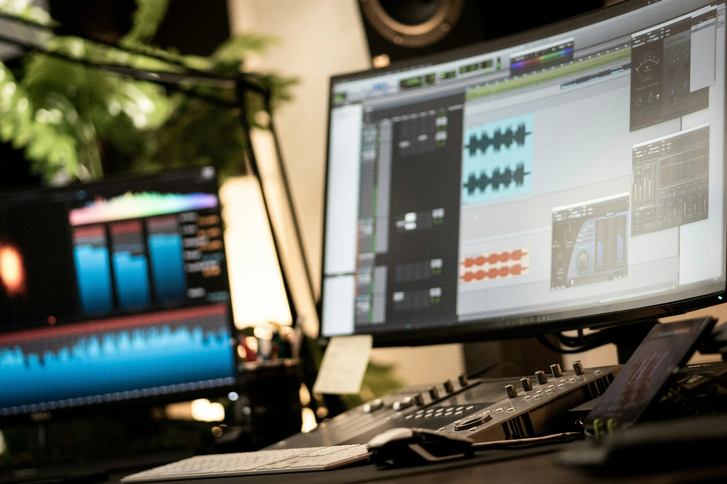 Photo of a music production workspace with a computer monitor displaying digital audio workstation software, audio mixing tools, and sound waveforms and an additional screen showing sound levels and equalizer settings.