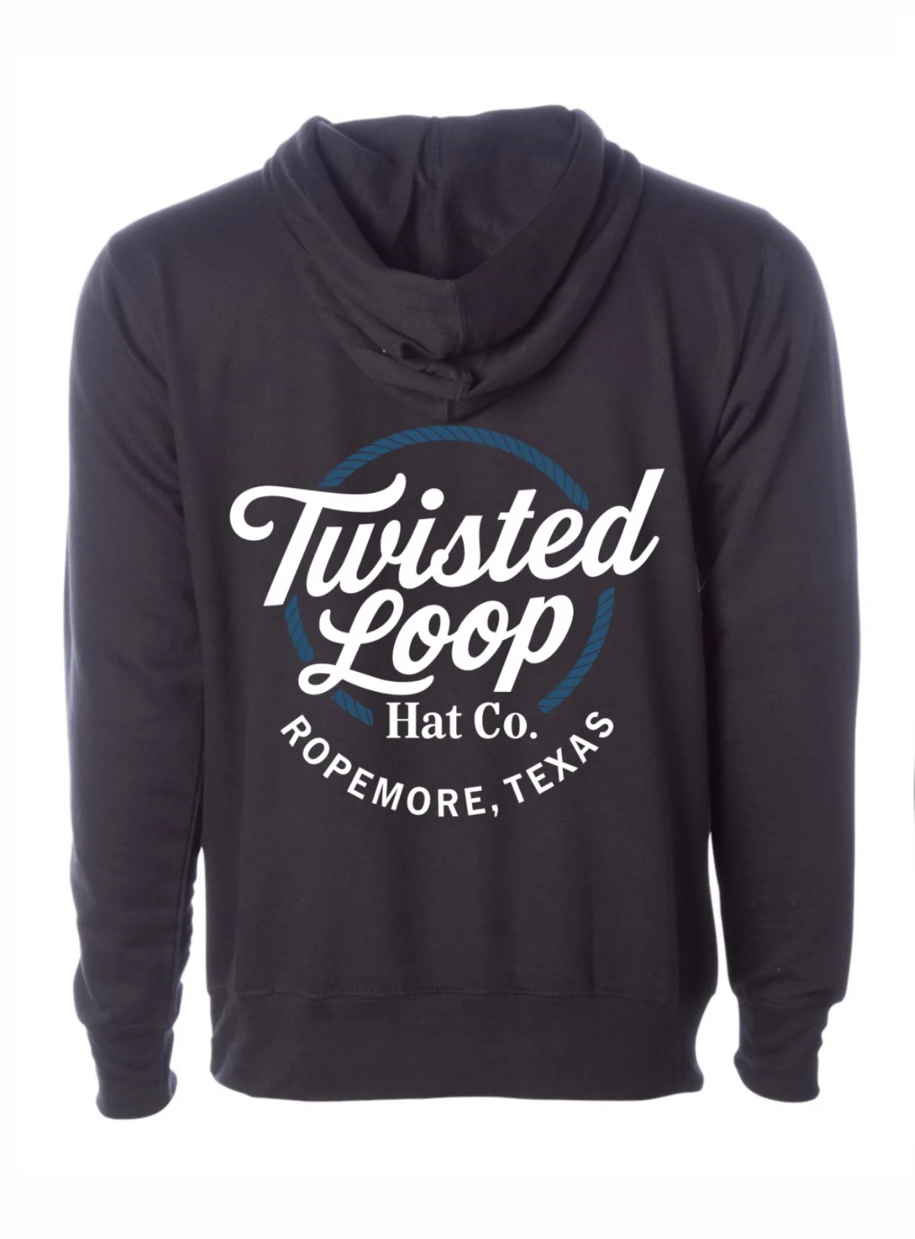 Twisted Loop Hat Co.™ Hoodie – Black with White & Navy Rope Circle Print