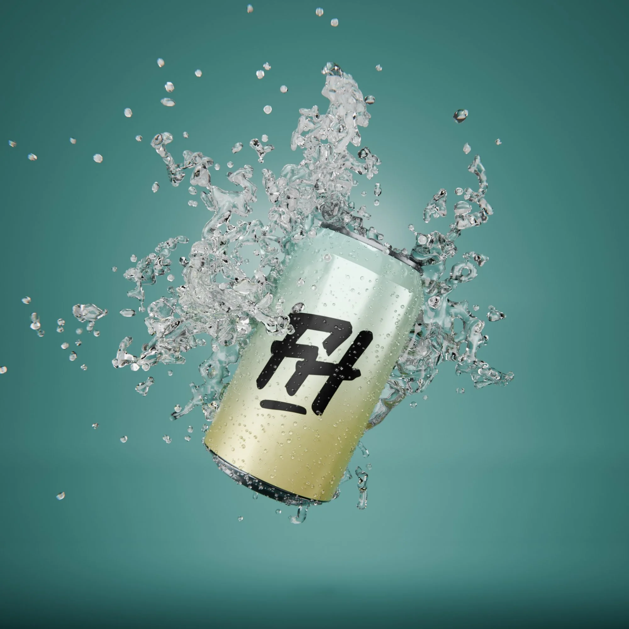 Une canette avec un logo 'FH', en train de plonger dans l'eau, créant des éclaboussures.