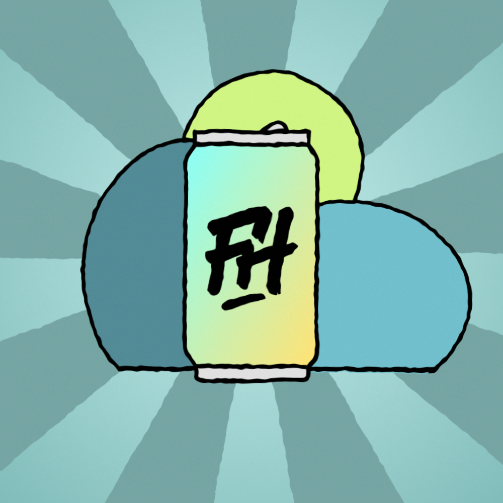 Une illustration d'une canette de soda avec le logo 'FH' au centre, derrière des formes ovales colorées.