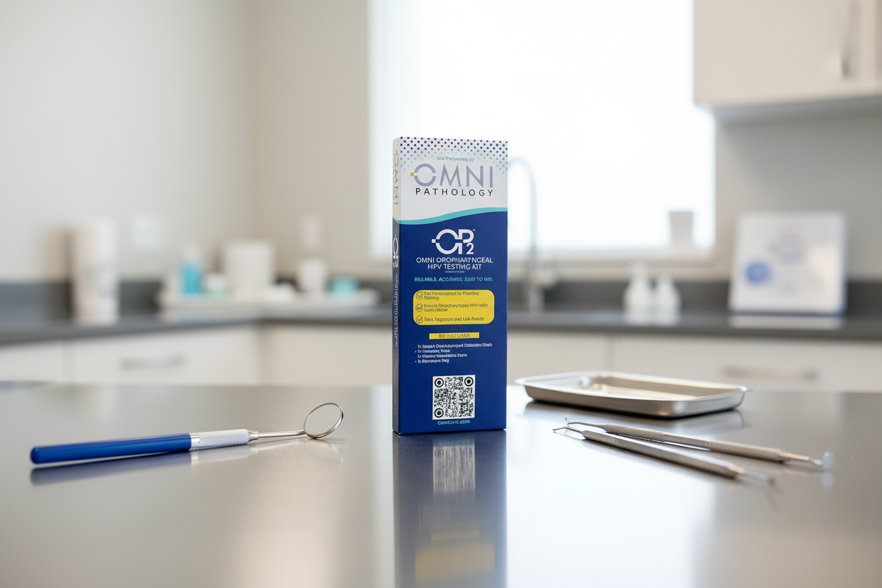 A medical testing kit with tools on a gray countertop in a clinical setting, including a blue-handled swab, two metal dental-like tools, a metal tray, and a box labeled "Omni Ophthalmic Anal HPV Testing Kit."