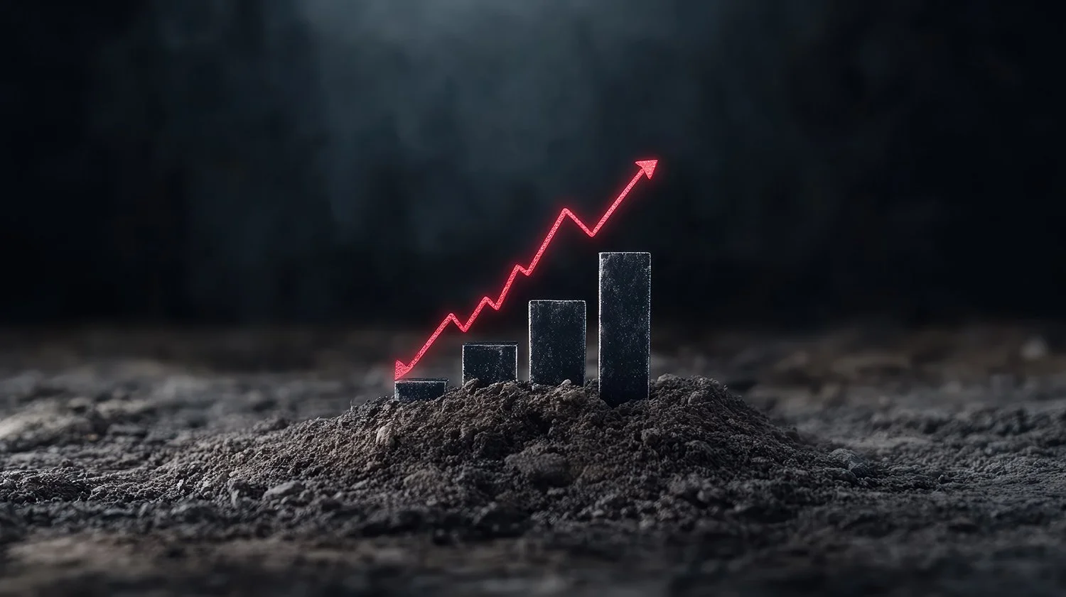 Black bars on dirt with a red line graph showing an upward trend.