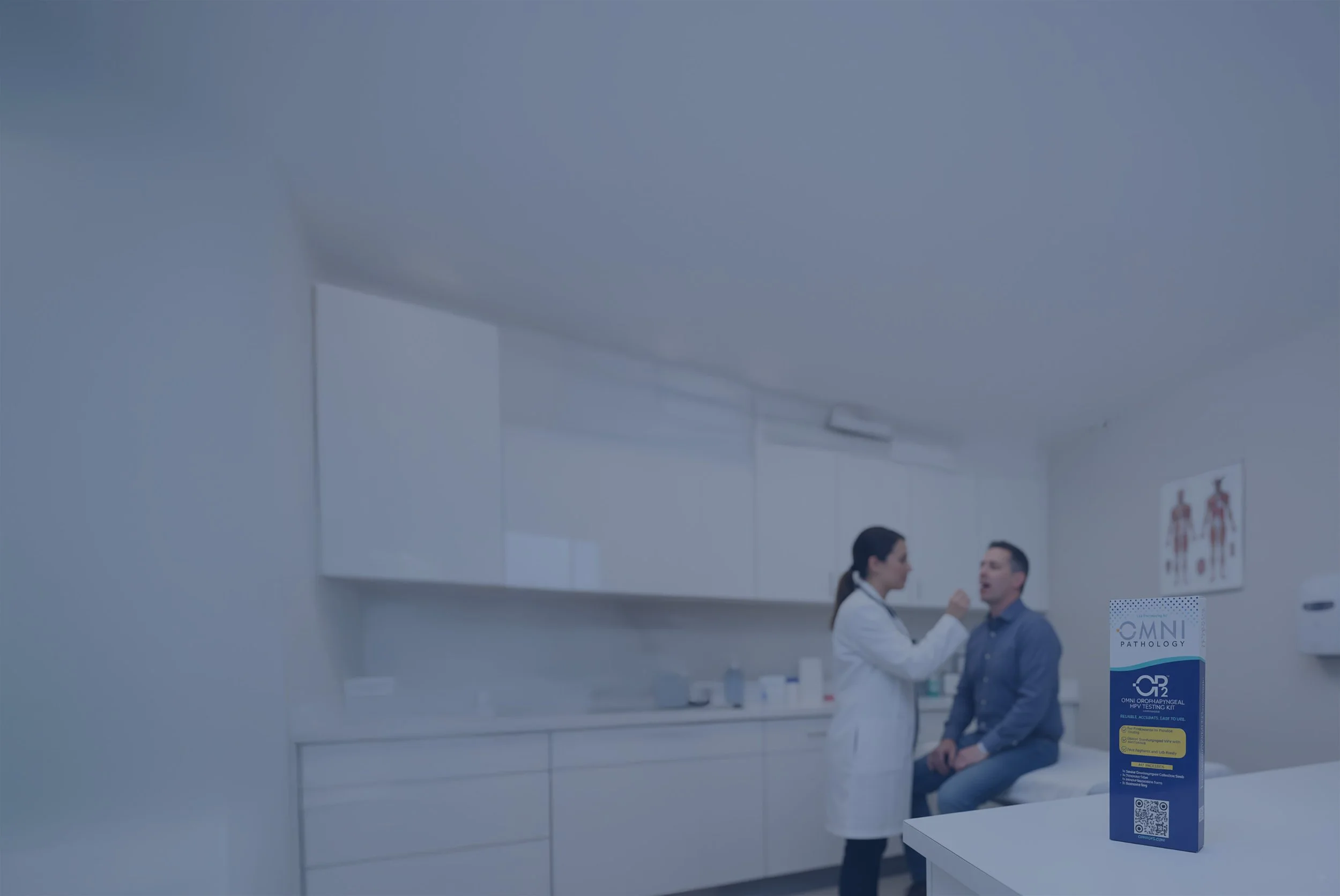 Medical professional examining a patient in a clinical setting with medical charts and diagrams on the wall, and a box labeled OMNI 02 testing kit in the foreground.