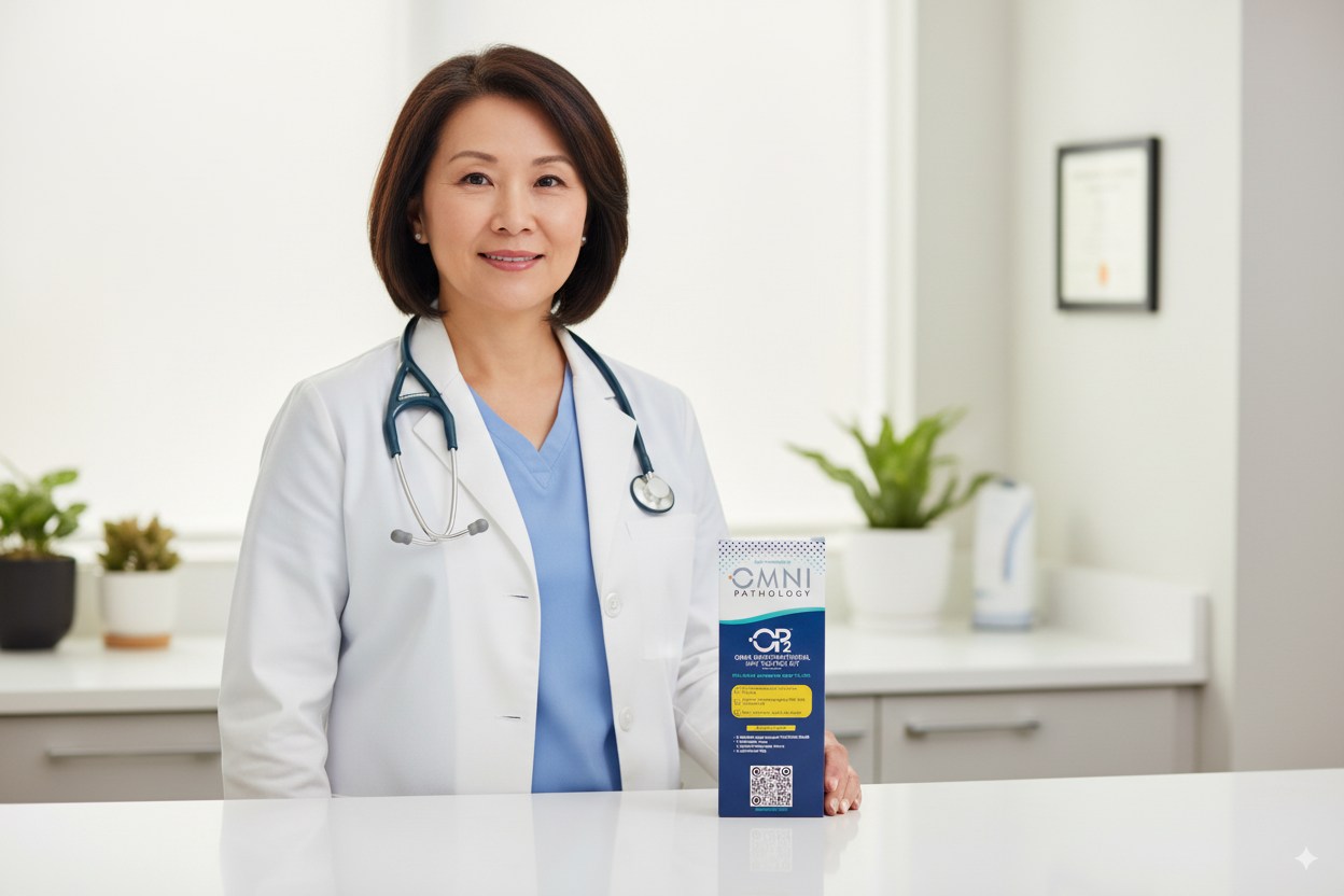 A female healthcare professional, likely a doctor, standing in a medical office and holding a box of OMNI Pathology product.
