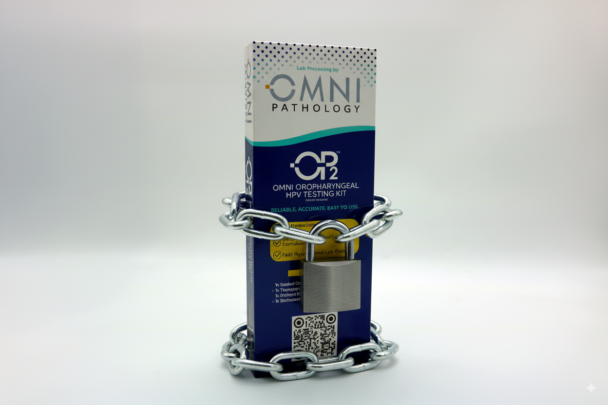 Box of OMNI Oropharyngeal HPV testing kit locked with a chain and padlock.