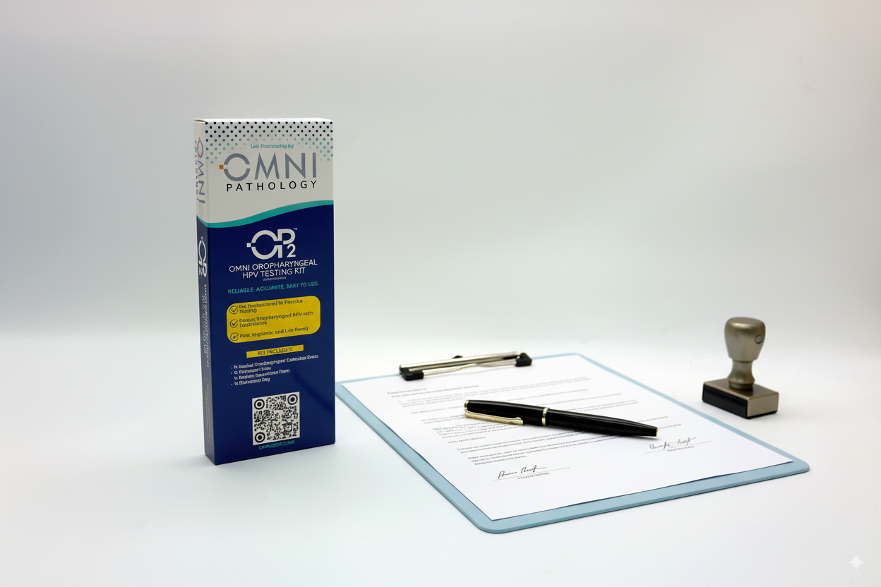 A testing kit on a white table with a clipboard, pen, and a stamp