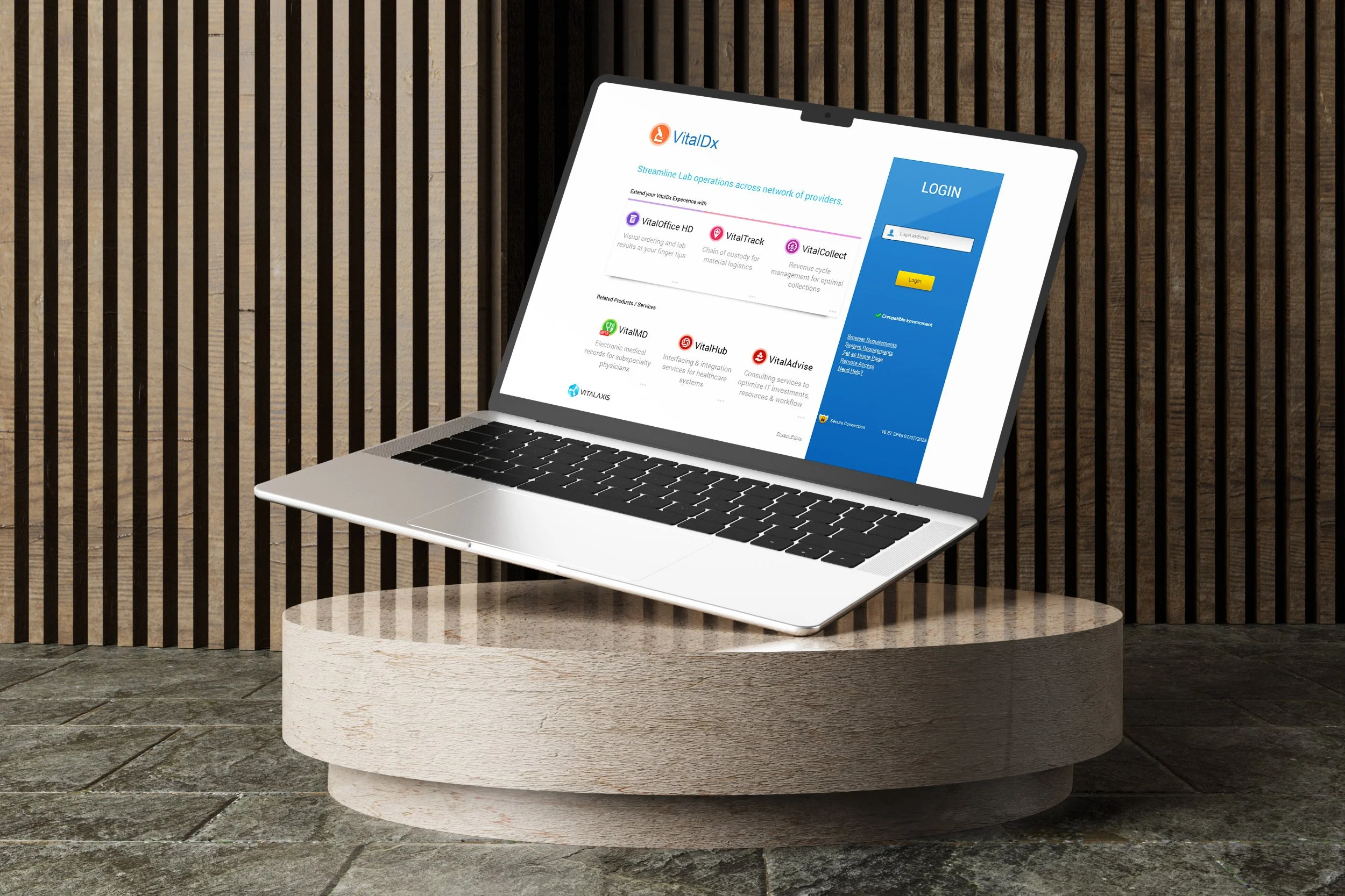 A laptop edited to appear floating above a round wooden platform with a patterned wooden wall in the background.