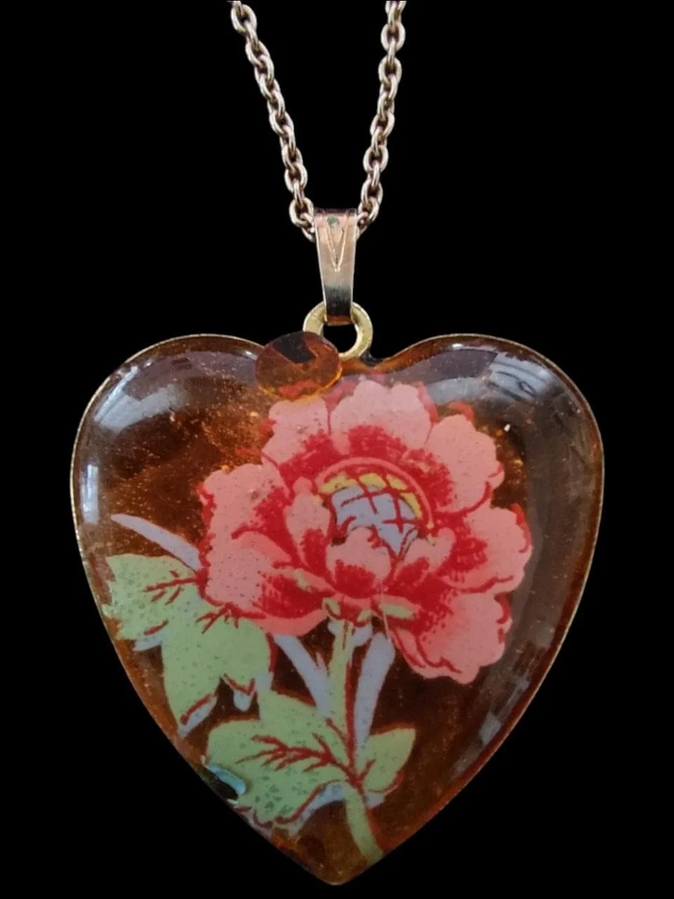 Resin Heart with Painted Peony Necklace
