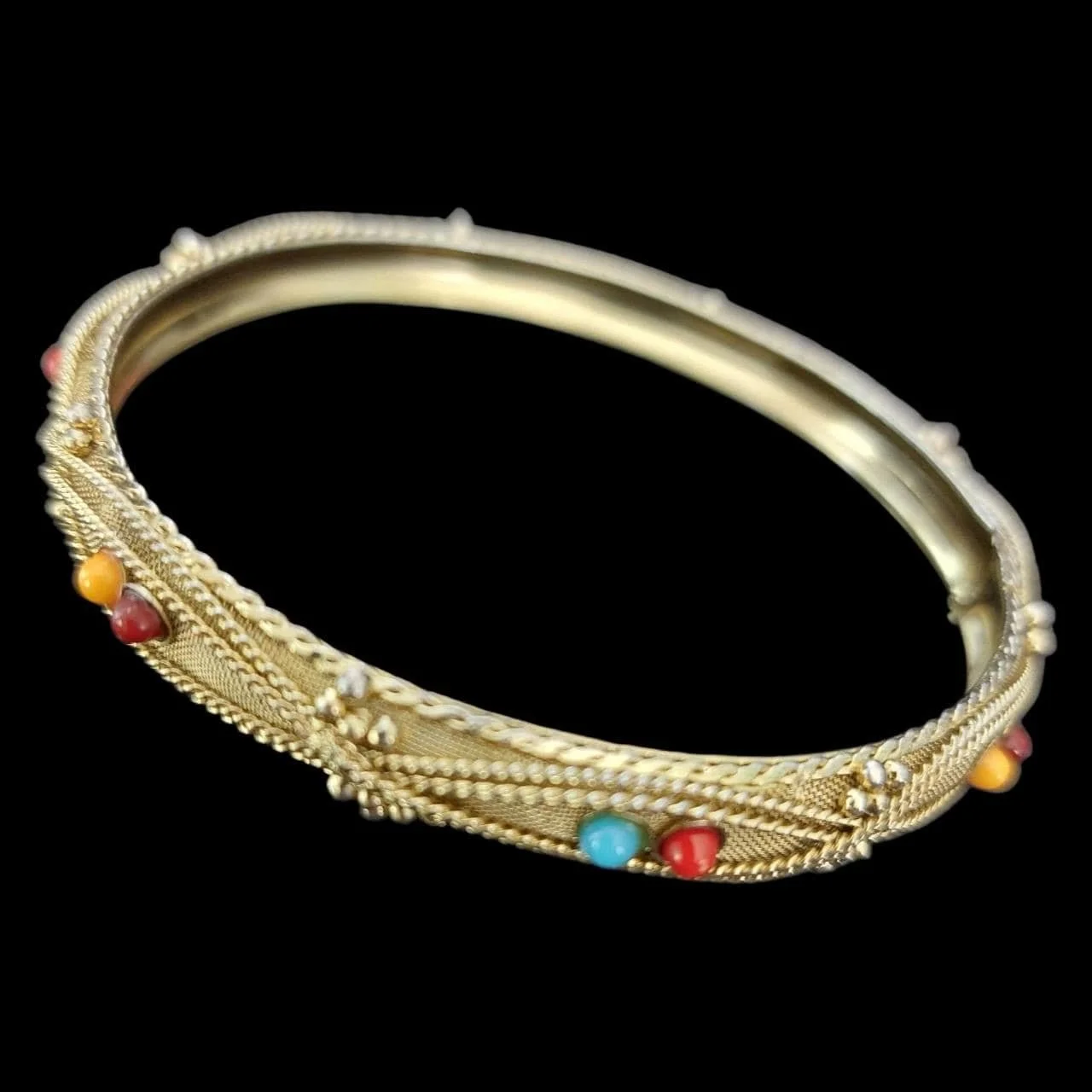 Mesh Gold-Tone Etruscan Revival Colorful Bangle Bracelet