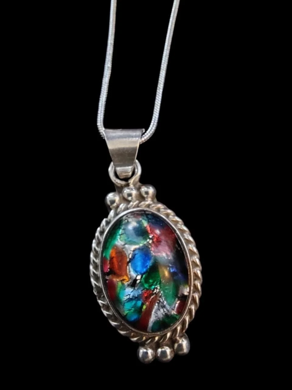 Sterling Silver Multi-Color Dichroic Glass Cabochon Pendant Necklace