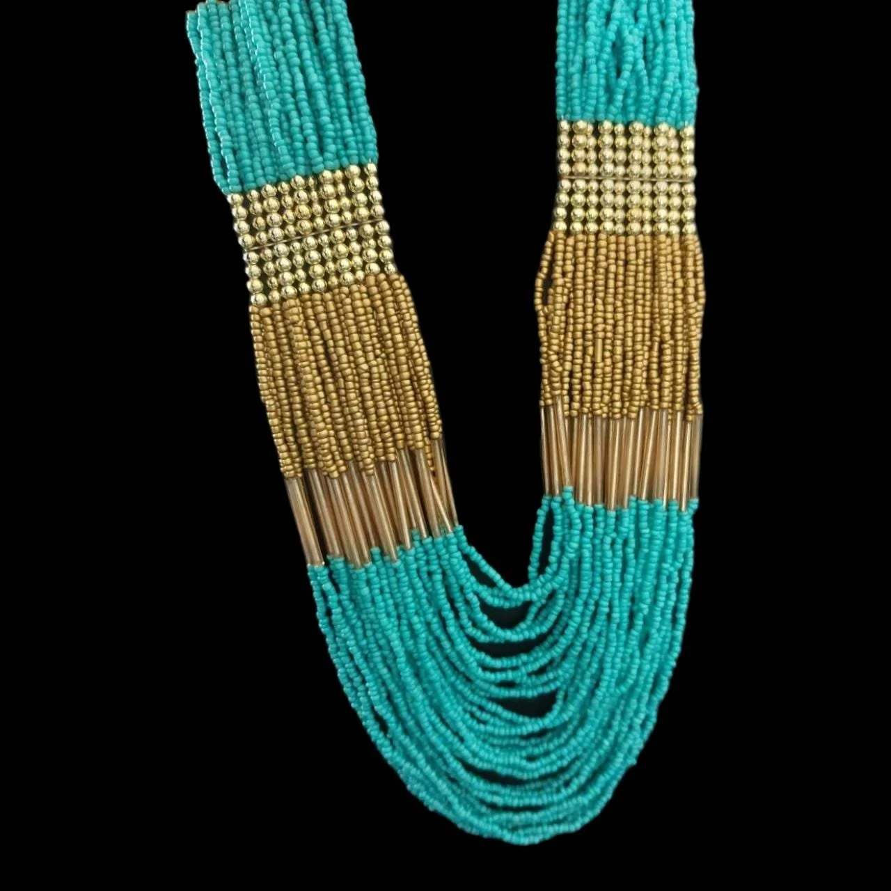 Vintage Turquoise Colored Multi-Strand Seed Bead Statement Necklace