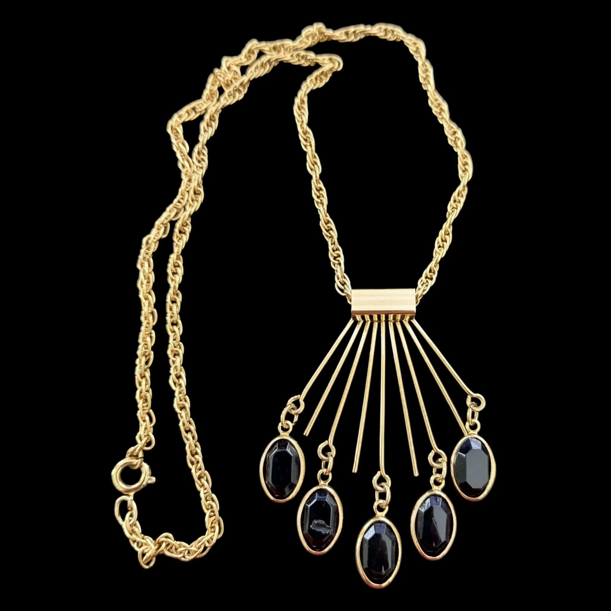 Vintage Gold Tone Sunburst Fringe Necklace with Oval Black Cabochons