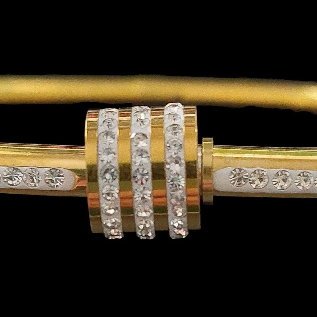 18K Gold Plated Stainless Steel Screw Cuff Bracelet • Pave CZ Crystal Cylinder Bangle