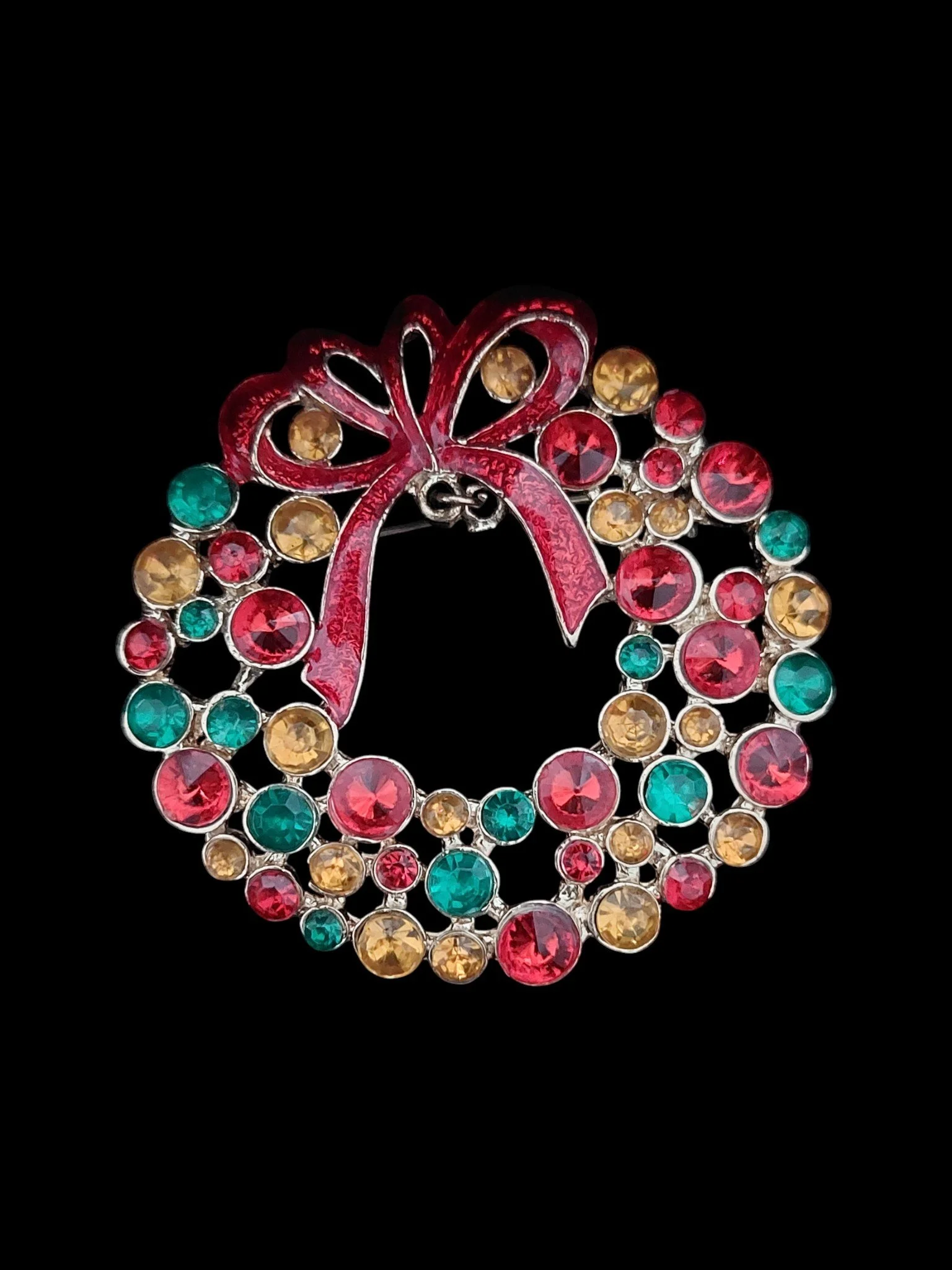 Colorful Rhinestone Wreath Brooch with Bell