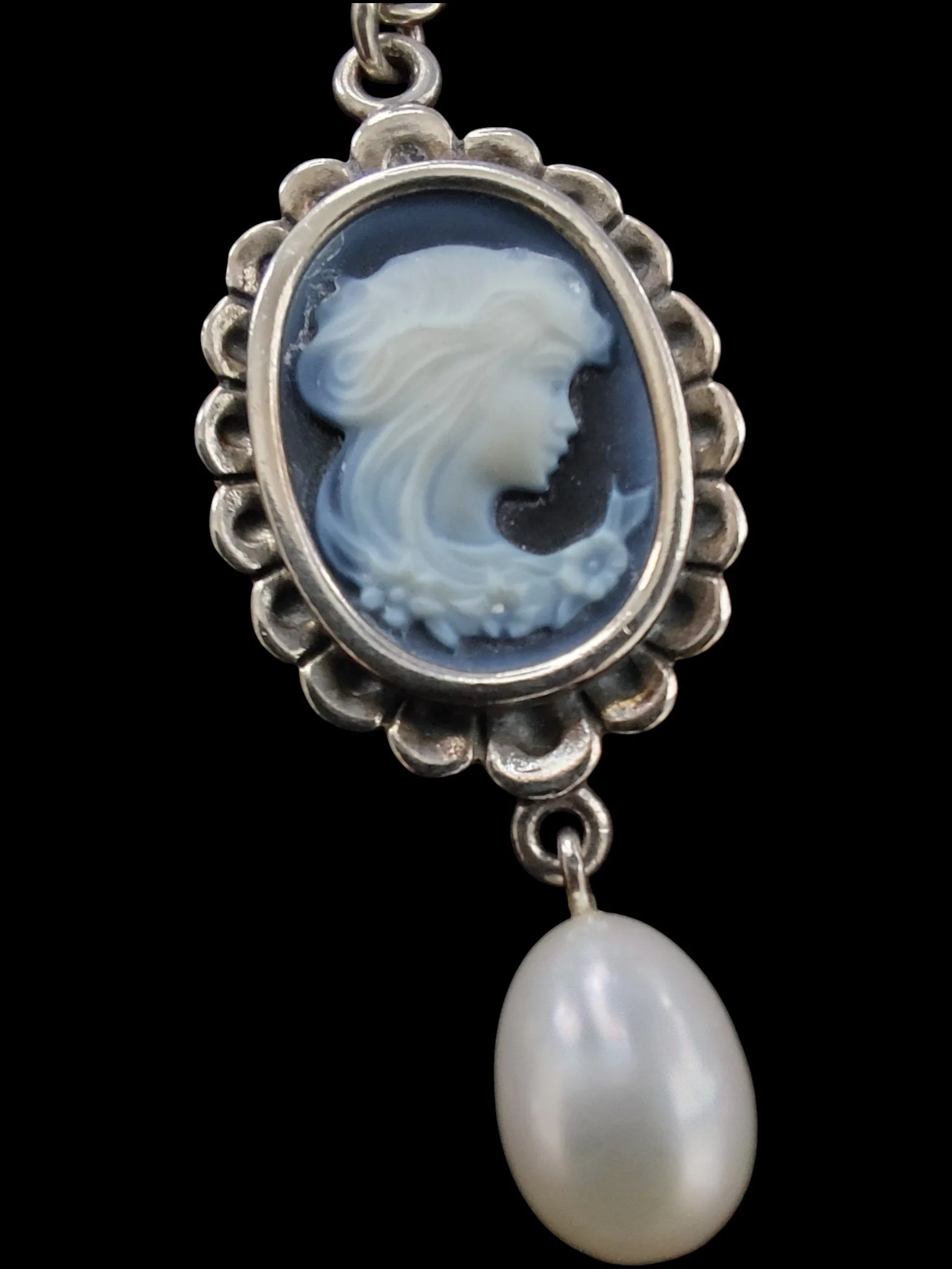 Retired Pandora Cameo Necklace with Pearl Drop