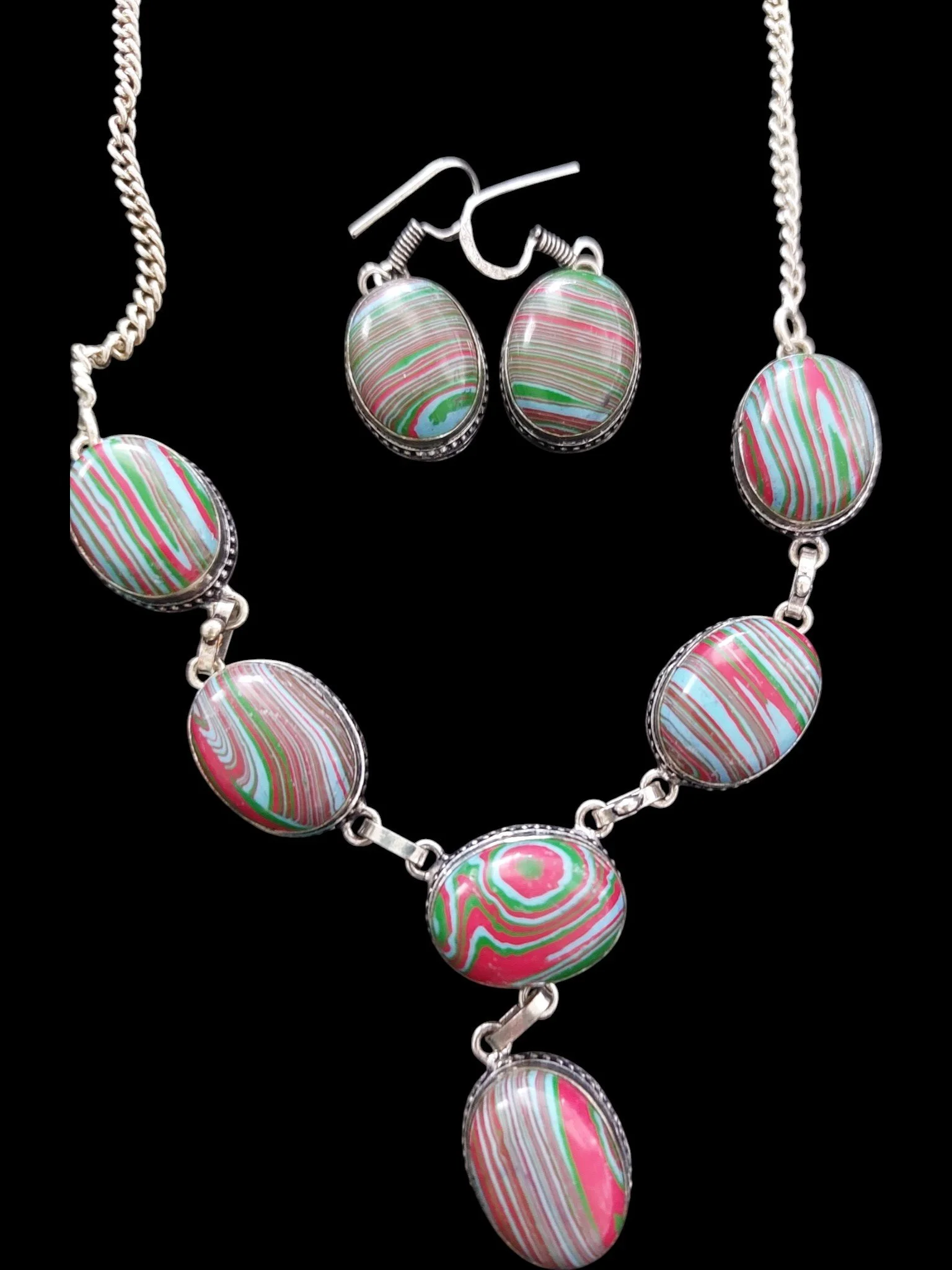 Phenomenal Calsilica Necklace and Earring Sterling Silver Set