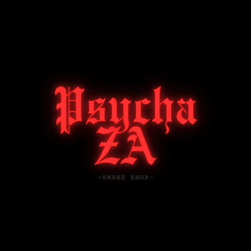 Red Gothic-style text that reads 'Psycha ZA' with smaller text below that says '-SMOKE SHOP-' on a black background.