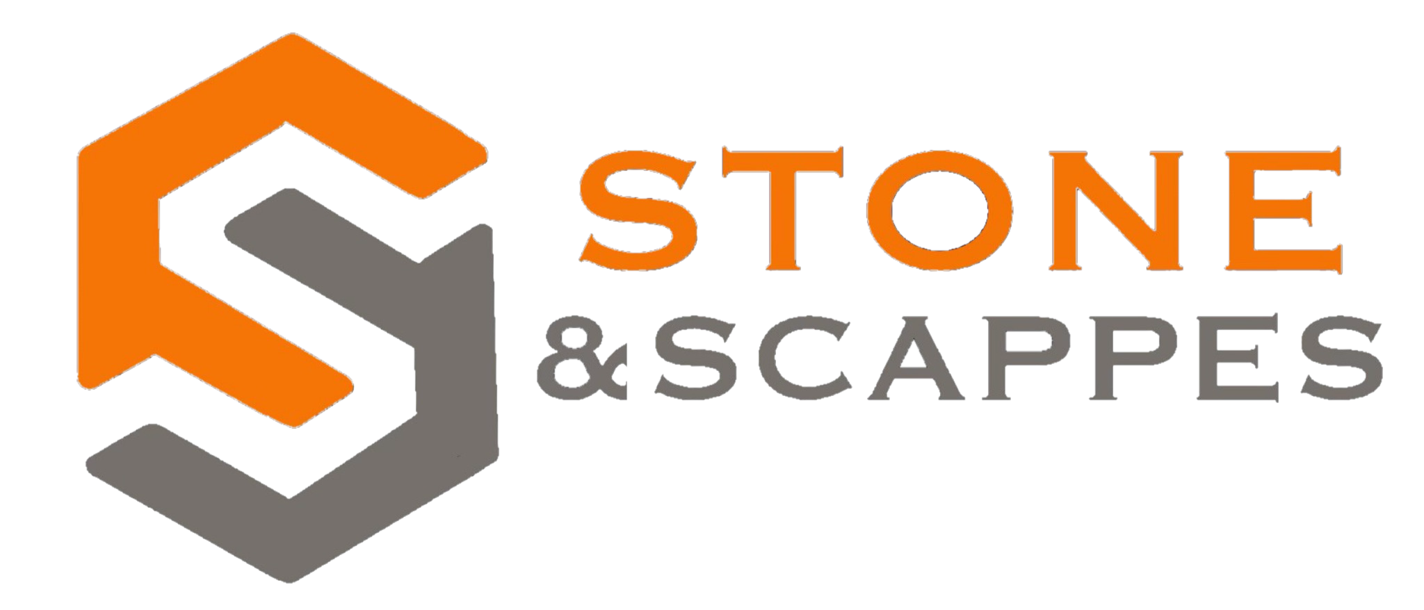 Logo for Stone & Scapes featuring an abstract design in orange and gray with the company name.