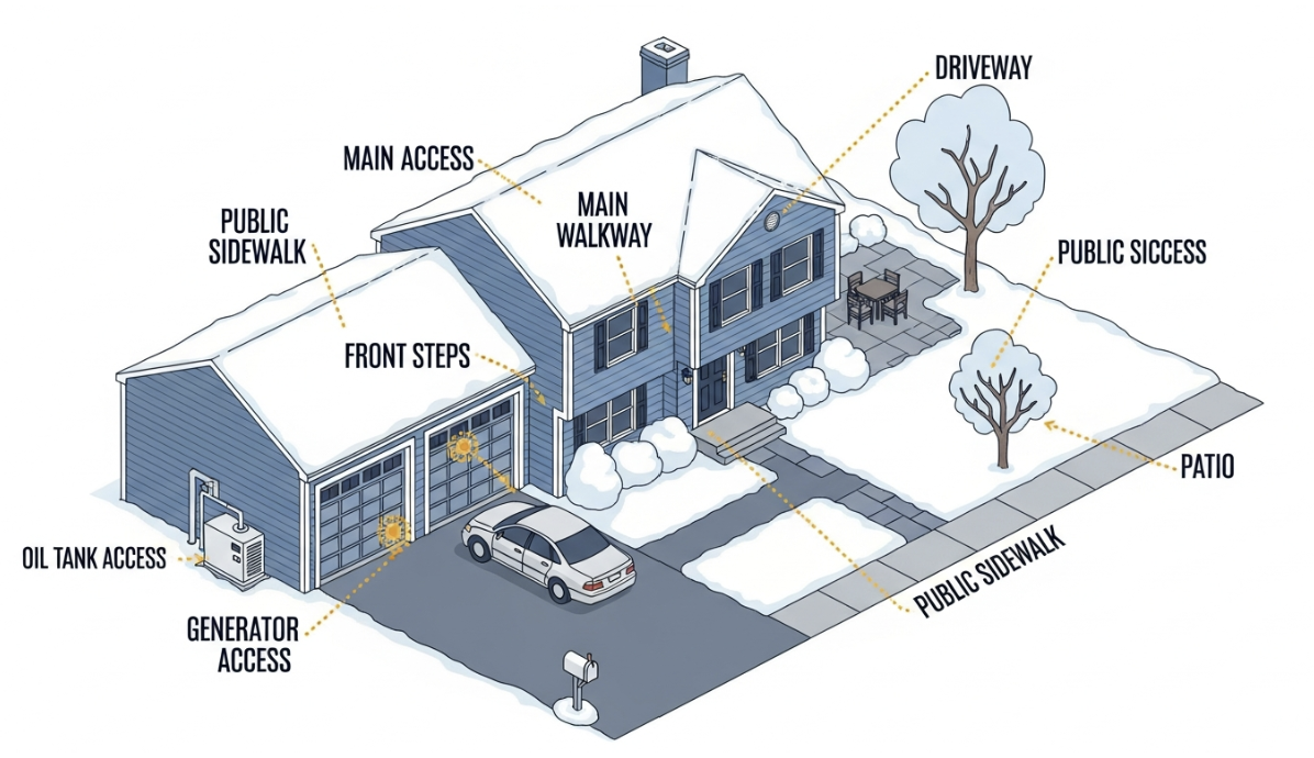 Diagram of a house with labeled features including main access, main walkway, driveway, public sidewalk, front steps, public success, patio, oil tank access, generator access, and surrounding snow with trees.