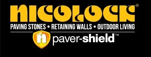 Nicolock paver-shield logo with text about paving stones, retaining walls, and outdoor living.