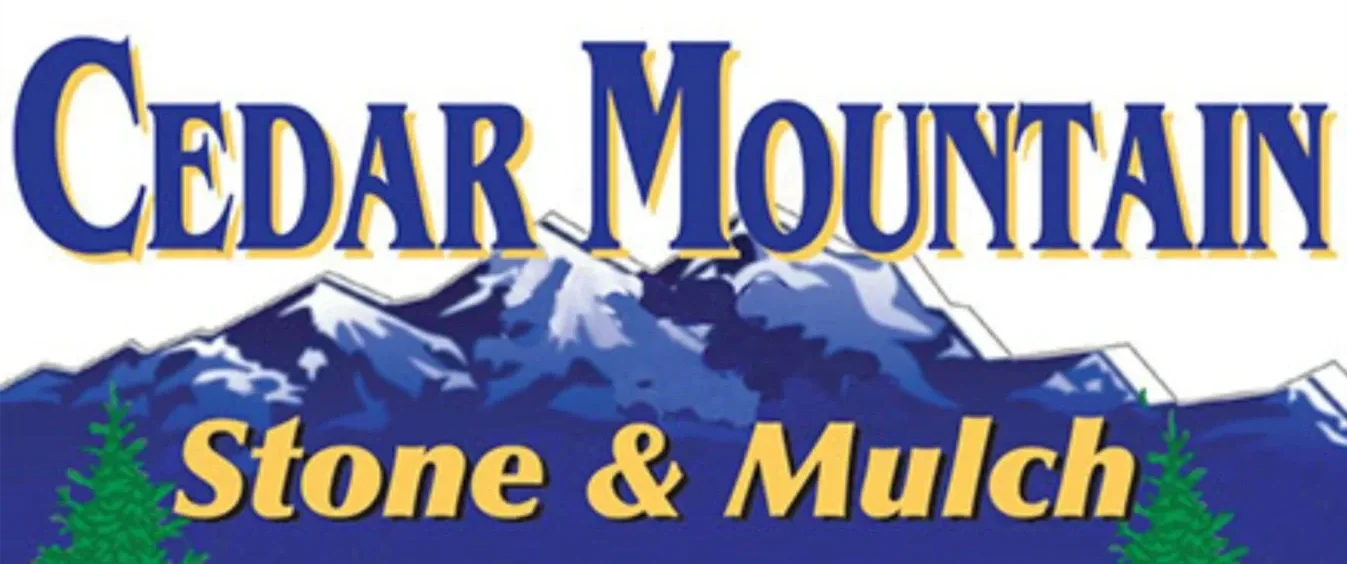 Logo for Cedar Mountain Stone & Mulch featuring mountains, trees, and bold text.