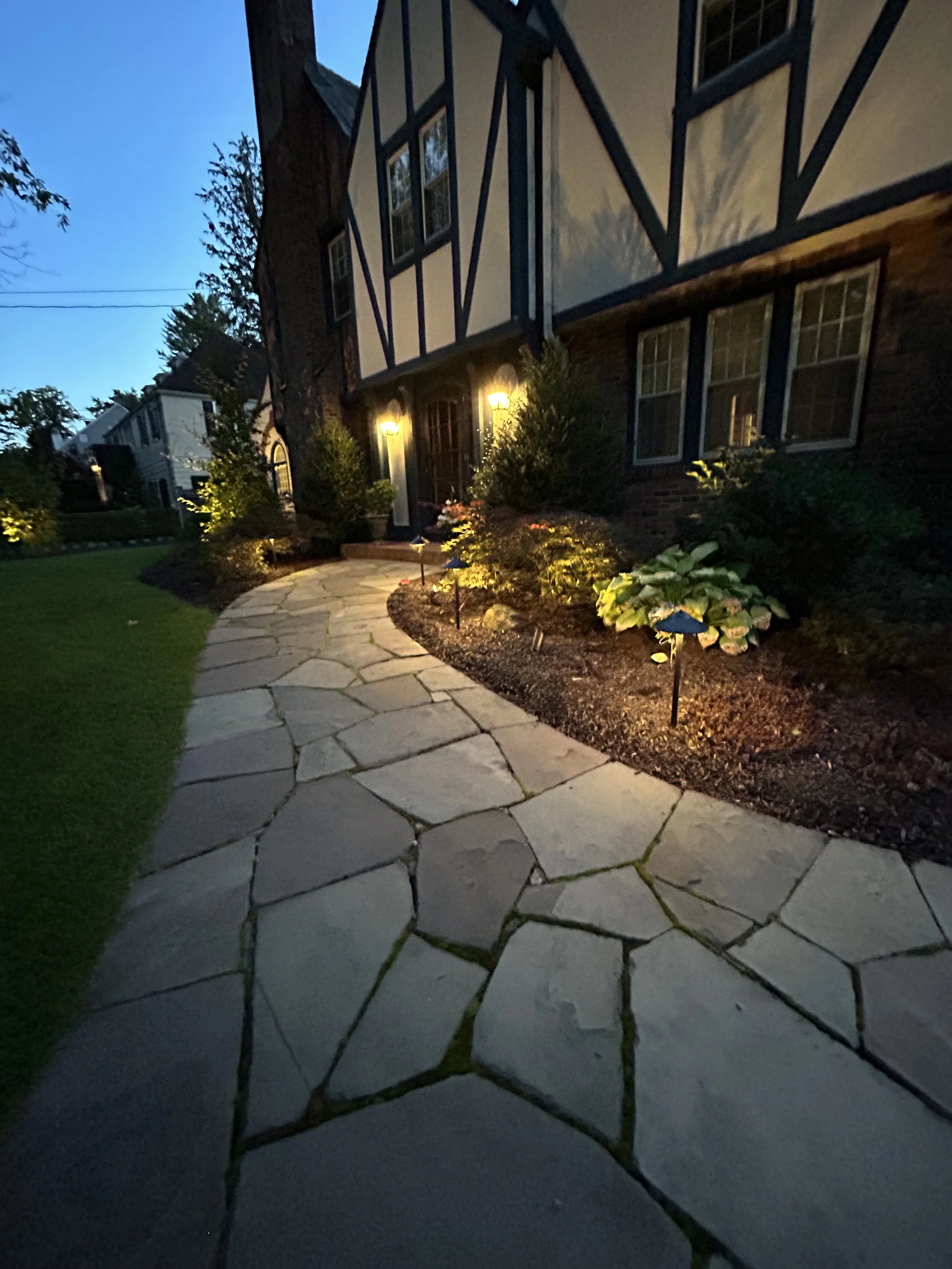 A stone pathway leading to a house entrance at dusk, with exterior lighting illuminating plants and the pathway.